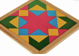 Conjunto de quadrados, triângulos e paralelogramos, baseado na estrutura primária dos tangrans chineses Desenvolve a criatividade, percepção do espaço geométrico e suas relações Com grandes possibilidades de desenhos, permite as primeiras noções dos números racionais em matemática.